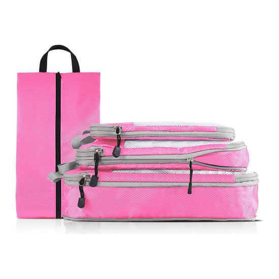4-piece Set Pink Compression Travel Storage Bags Set, Mesh Travel Organizers for Luggage, Foldable and Space-Saving Packing Cubes
