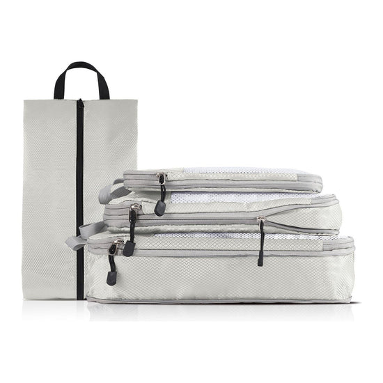 4-piece Set Off White Compression Travel Storage Bags Set, Mesh Travel Organizers for Luggage, Foldable and Space-Saving Packing Cubes