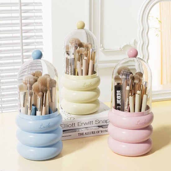 Yellow 360° Rotating Makeup Brush Holder with Clear Dome – Stylish Organizer for Vanity, Desk, and Bathroom