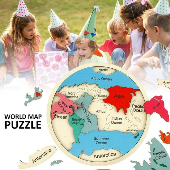 Colorful Wooden World Map Puzzle – 7 Continents Educational Geography Toy for Kids