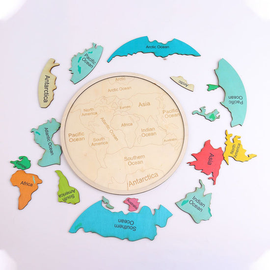 Colorful Wooden World Map Puzzle – 7 Continents Educational Geography Toy for Kids