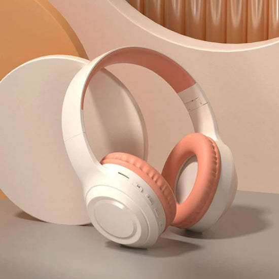 Off White and Orange Wireless Headphones - 400mAh, 16H Playtime, SD Card & Aux Support