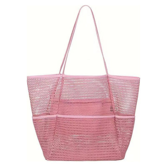 Pink Breathable Mesh Beach Tote Bag - Large Capacity Sand-Free Bag with Zipper Pocket & Multi-Purpose Storage