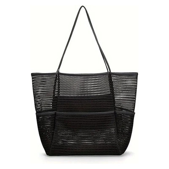 Black Breathable Mesh Beach Tote Bag - Large Capacity Sand-Free Bag with Zipper Pocket & Multi-Purpose Storage