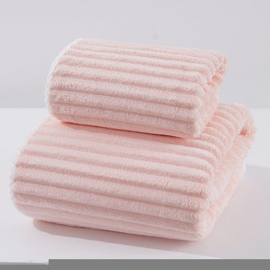 Pink Soft Candy Stripe Coral Fleece Bath Towel and Washcloth Set, Ultra Absorbent, Skin-Friendly
