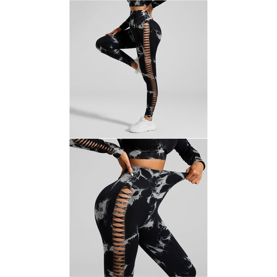Black and Grey Tie-Dye Size L Tie-Dye Yoga Set Long Sleeve Butt Lift Leggings Seamless Workout Training Gym Clothes
