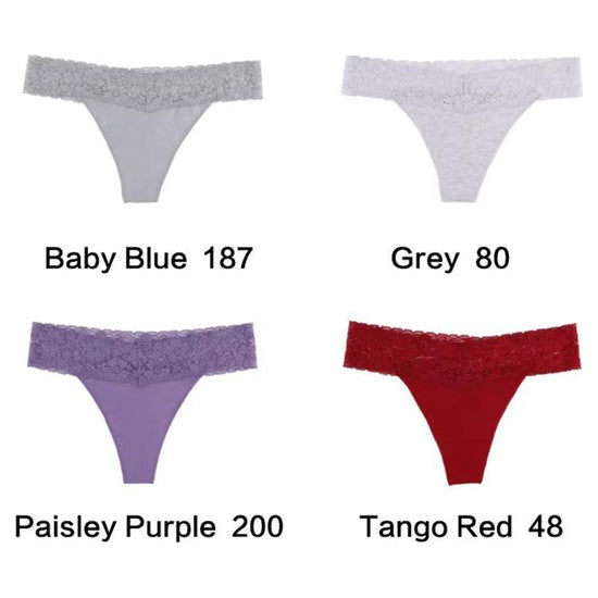 Size S Lace-Trimmed Thong Underwear – 4-Pack in Baby Blue,Grey,Paisley Purple and Tange Red