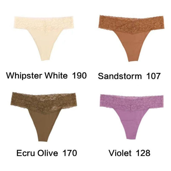 Size XL Lace-Trimmed Thong Underwear - 4-Pack in Whipster White,Sandstorm,Ecru Olive and Violet