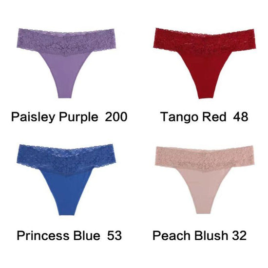 Size XL Lace-Trimmed Thong Underwear -4-Pack in Paisley Purple,Tango Red,Princess Blue and Peach Blush