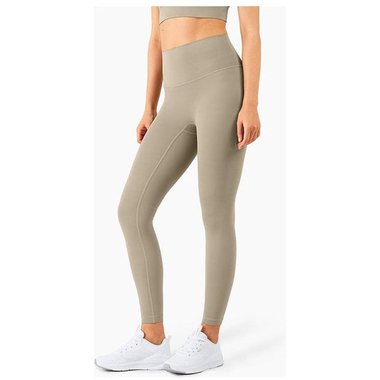 Size L Khaki High-Waisted Seamless Yoga Pants for Women - Tummy Control, Butt Lifting & Back Waistband Pocket