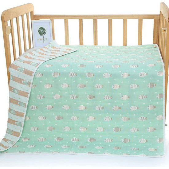 Green Fish, 6-Layer Muslin Baby Blanket - Soft Cotton Bedding for Infants and Toddlers, 110x110cm