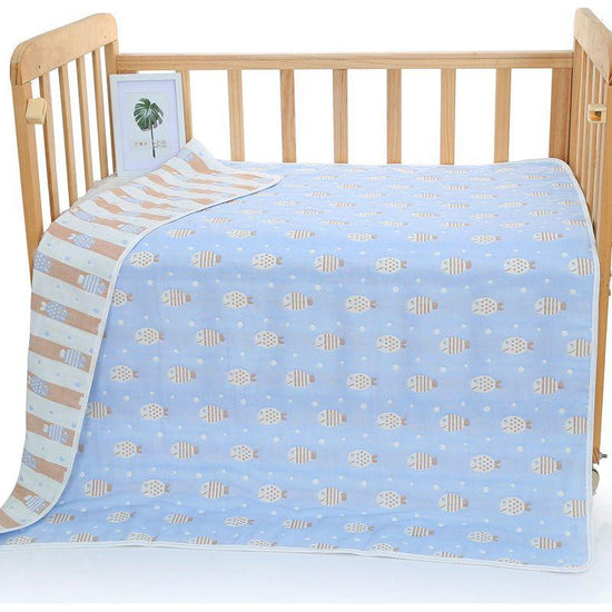 Blue Fish, 6-Layer Muslin Baby Blanket - Soft Cotton Bedding for Infants and Toddlers, 110x110cm