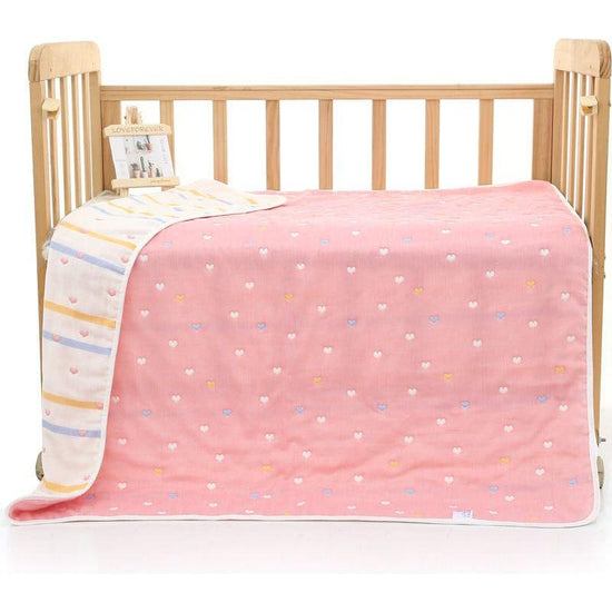 Pink love heart, 6-Layer Muslin Baby Blanket - Soft Cotton Bedding for Infants and Toddlers, 110x110cm