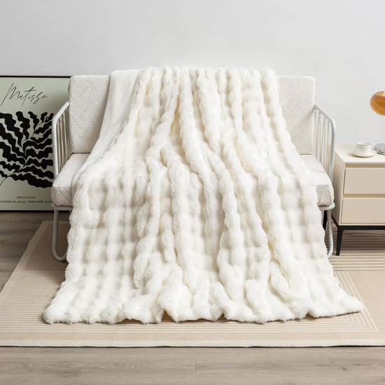 Off White 100*160cm Plush Toscana Rabbit Hair Throw Blanket - Soft Flannel Fleece for All Seasons, Perfect for Couch & Bed