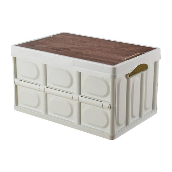 30L White Foldable Storage Box with Wooden Lid - Multifunctional Car Organizer, Outdoor Folding Storage Container