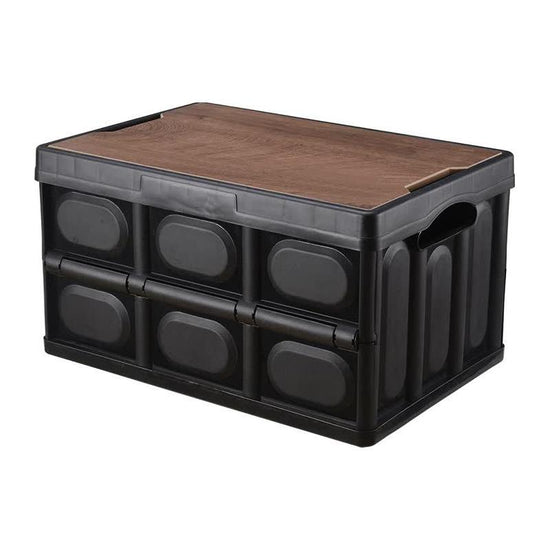 30L Black Foldable Storage Box with Wooden Lid - Multifunctional Car Organizer, Outdoor Folding Storage Container