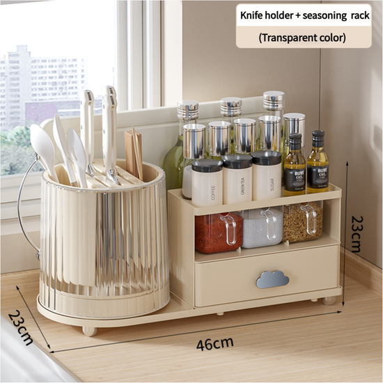 All-in-One Kitchen Countertop Organizer | Rotating Utensil Holder, Knife Block & Spice Rack with Drawer | Transparent color