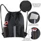 Black Multi-Pocket Drawstring Backpack Gym Bag with Zipper Compartments, Bottle Holders & Reflective Strip