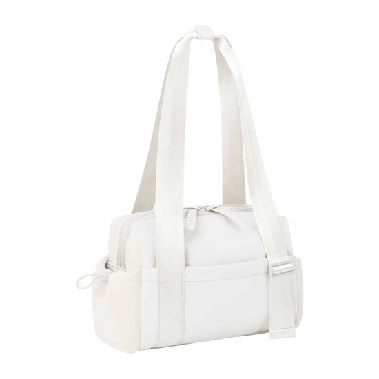 Stylish white Mini Gym Bag & Travel Tote - Compact Duffel with Wet Pocket, Luggage Sleeve & Multiple Compartments