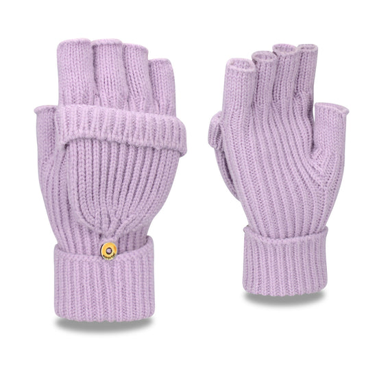 Purple Winter Convertible Mittens - Warm Knitted 2-in-1 Fingerless Gloves with Flip Top Cover for Cold Weather
