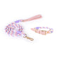 pink+purple Hand-Woven Rainbow Cotton Rope Dog Leash and Collar Set - Adjustable Veg-Tanned Leather Trim with Heavy Duty Metal Hardware - 150cm Training Lead and S Size Collar