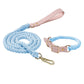 Sky Blue Hand-Woven Rainbow Cotton Rope Dog Leash and Collar Set - Adjustable Veg-Tanned Leather Trim with Heavy Duty Metal Hardware - 150cm Training Lead and S Size Collar