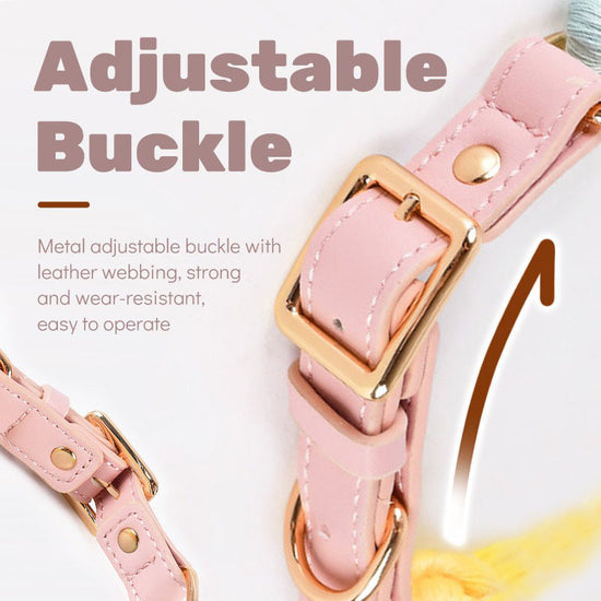 Light pink Hand-Woven Rainbow Cotton Rope Dog Leash and Collar Set - Adjustable Veg-Tanned Leather Trim with Heavy Duty Metal Hardware - 150cm Training Lead and S Size Collar