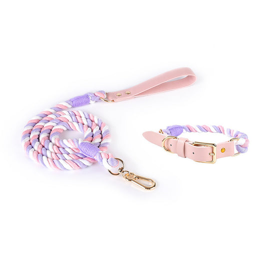 pink+purple Hand-Woven Rainbow Cotton Rope Dog Leash and Collar Set - Adjustable Veg-Tanned Leather Trim with Heavy Duty Metal Hardware - 150cm Training Lead and M Size Collar