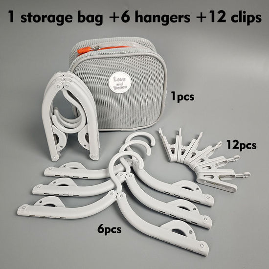 Portable Folding Travel Hangers Set - 19 Piece Laundry Kit with 6 Adjustable Hangers 12 Clips and Storage Bag - Space Saving Design for Caravanning Camping and Student Dorms - Gray