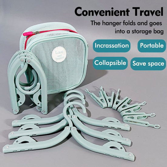 Portable Folding Travel Hangers Set - 19 Piece Laundry Kit with 6 Adjustable Hangers 12 Clips and Storage Bag - Space Saving Design for Caravanning Camping and Student Dorms - Pink