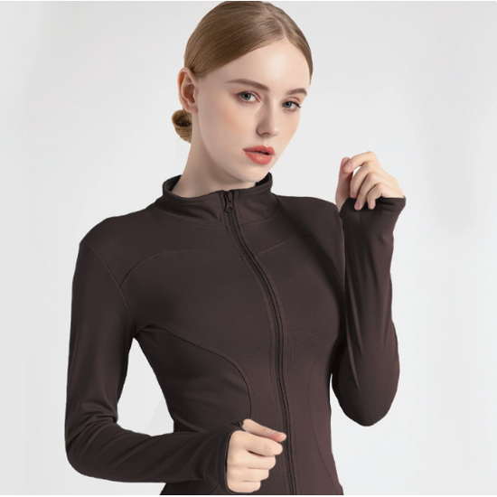 XXXL Coffee Brown High-Stretch Slim Fit Yoga Jacket - Full Zip Workout Sports Jacket for Women
