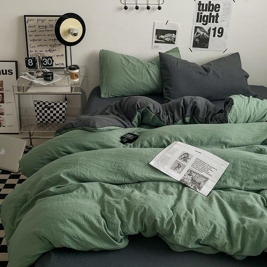Green-dark grey 1.5m Bed Fitted Sheet Set with 200x230cm Duvet Cover - 4-Piece Bedding Set