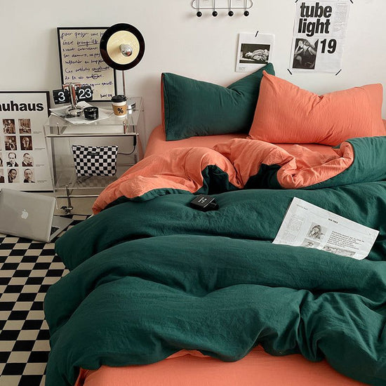 Orange-green 1.5m Bed Fitted Sheet Set with 200x230cm Duvet Cover - 4-Piece Bedding Set