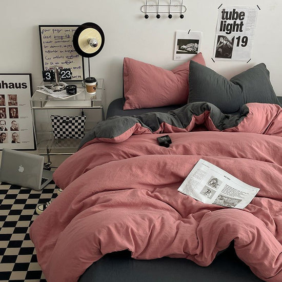 Pink-darkgrey 1.5m Bed Fitted Sheet Set with 200x230cm Duvet Cover - 4-Piece Bedding Set