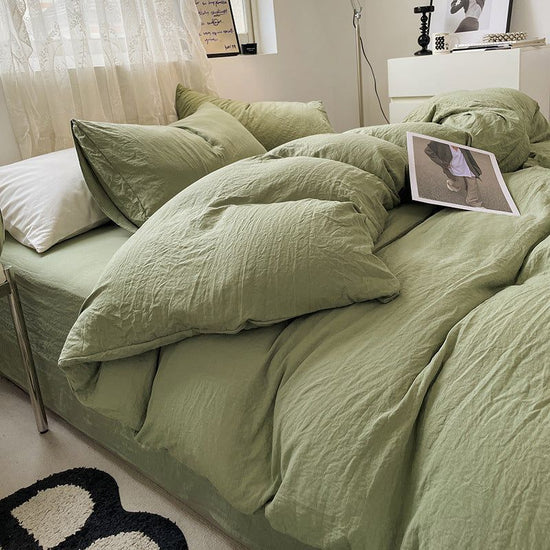 Green Solid Color Solid Color Solid Color 1.5m Bed Fitted Sheet Set with 200x230cm Duvet Cover - 4-Piece Bedding Set