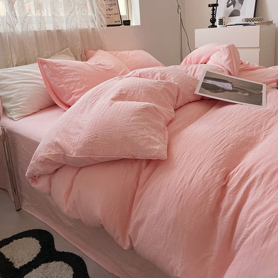 Pink Solid Color Solid Color Solid Color 1.5m Bed Fitted Sheet Set with 200x230cm Duvet Cover - 4-Piece Bedding Set