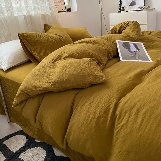 Agate Yellow Solid Color Solid Color Solid Color 1.5m Bed Fitted Sheet Set with 200x230cm Duvet Cover - 4-Piece Bedding Set