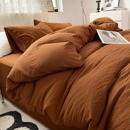 Caramel Solid Color Solid Color Solid Color 1.5m Bed Fitted Sheet Set with 200x230cm Duvet Cover - 4-Piece Bedding Set