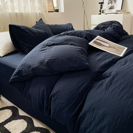 Navy Blue Solid Color Solid Color Solid Color 1.5m Bed Fitted Sheet Set with 200x230cm Duvet Cover - 4-Piece Bedding Set