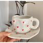 White Background Little Heart 300ML Underglaze Hand-Pinched Cup and Saucer Set - Ceramic Coffee Mug Milk Cup Breakfast Set