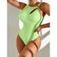 M Green Conservative One-Piece Swimsuit Women Solid Color Slim Fit Bikini Swimwear