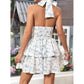 S Yellow Chic Floral Halter Mini Dress - Ruffled Hem, Open Back - Perfect for Vacation