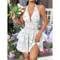 M Blue Chic Floral Halter Mini Dress - Ruffled Hem, Open Back - Perfect for Vacation
