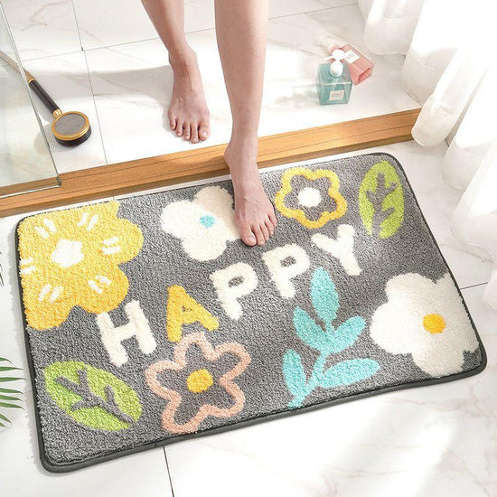 White Happy Bath Mat - Super Absorbent, Non-Slip Bathroom Floor Mat - 50x80cm