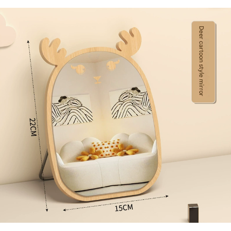 Deer Cartoon Mirror Tabletop Makeup Mirror - Large Wooden Swivel Vanity Mirror for Desk