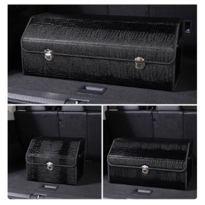 Medium Sized Crocodile Print Black Foldable Car Trunk Storage Box - Large Capacity Insertable Rear Organizer