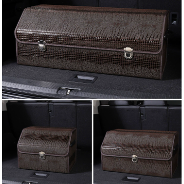 Medium Sized Crocodile Print Brown Foldable Car Trunk Storage Box - Large Capacity Insertable Rear Organizer