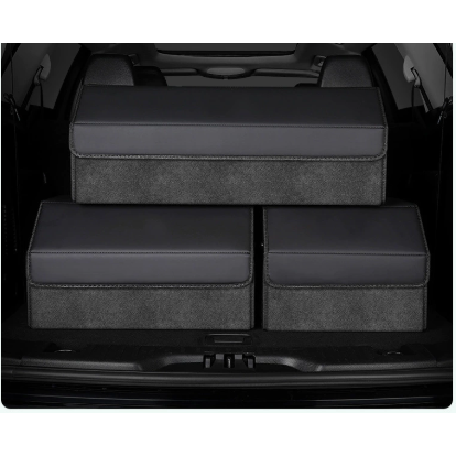 Medium Sized Tumbled Leather Black Foldable Car Trunk Storage Box - Large Capacity Insertable Rear Organizer