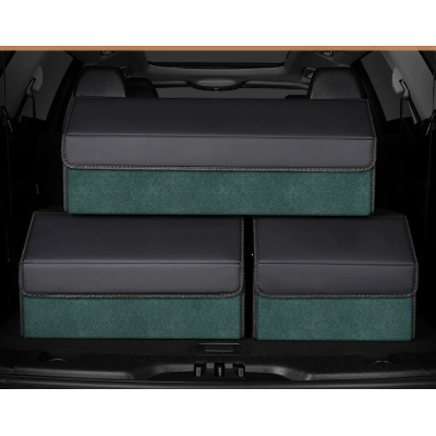 Medium Sized Tumbled Leather Green Foldable Car Trunk Storage Box - Large Capacity Insertable Rear Organizer