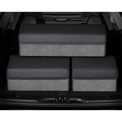 Medium Sized Tumbled Leather Grey Foldable Car Trunk Storage Box - Large Capacity Insertable Rear Organizer